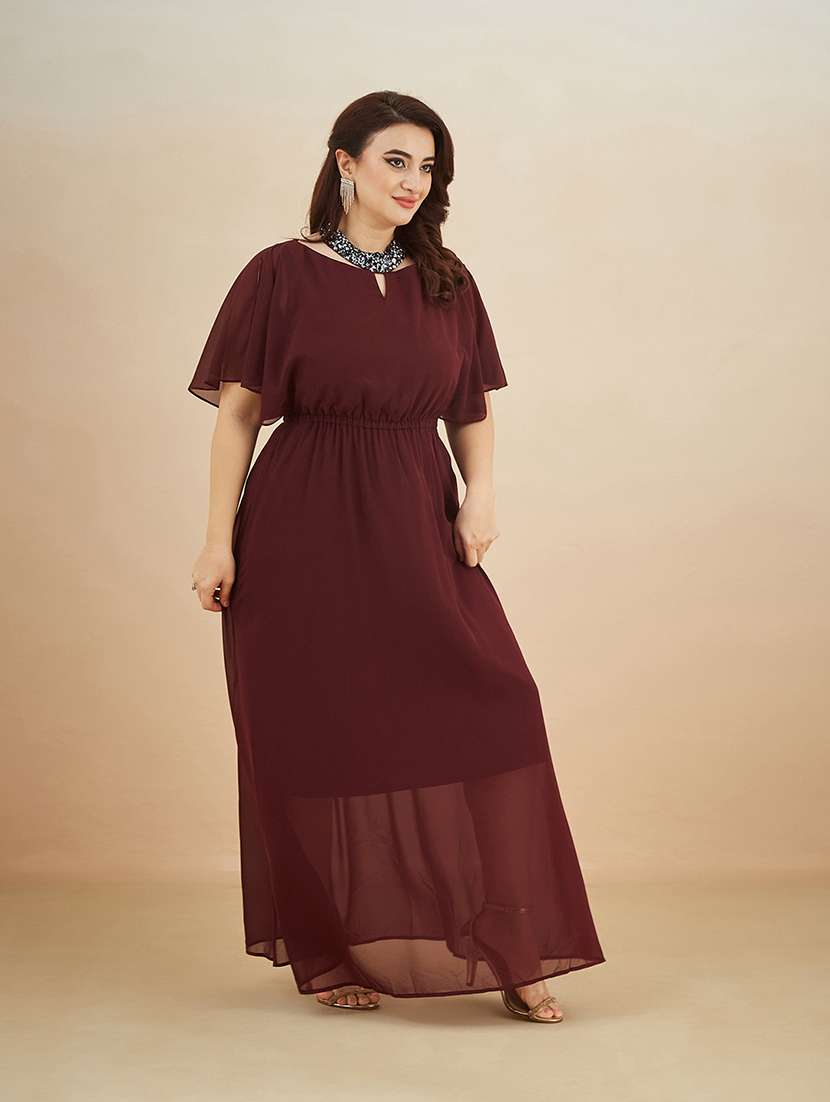 women solid key hole neck fir and flare dress
