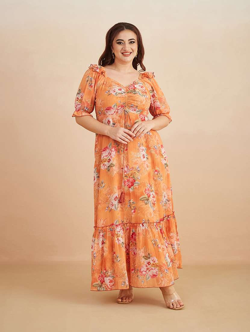 women printed puff sleeves maxi tiered dress