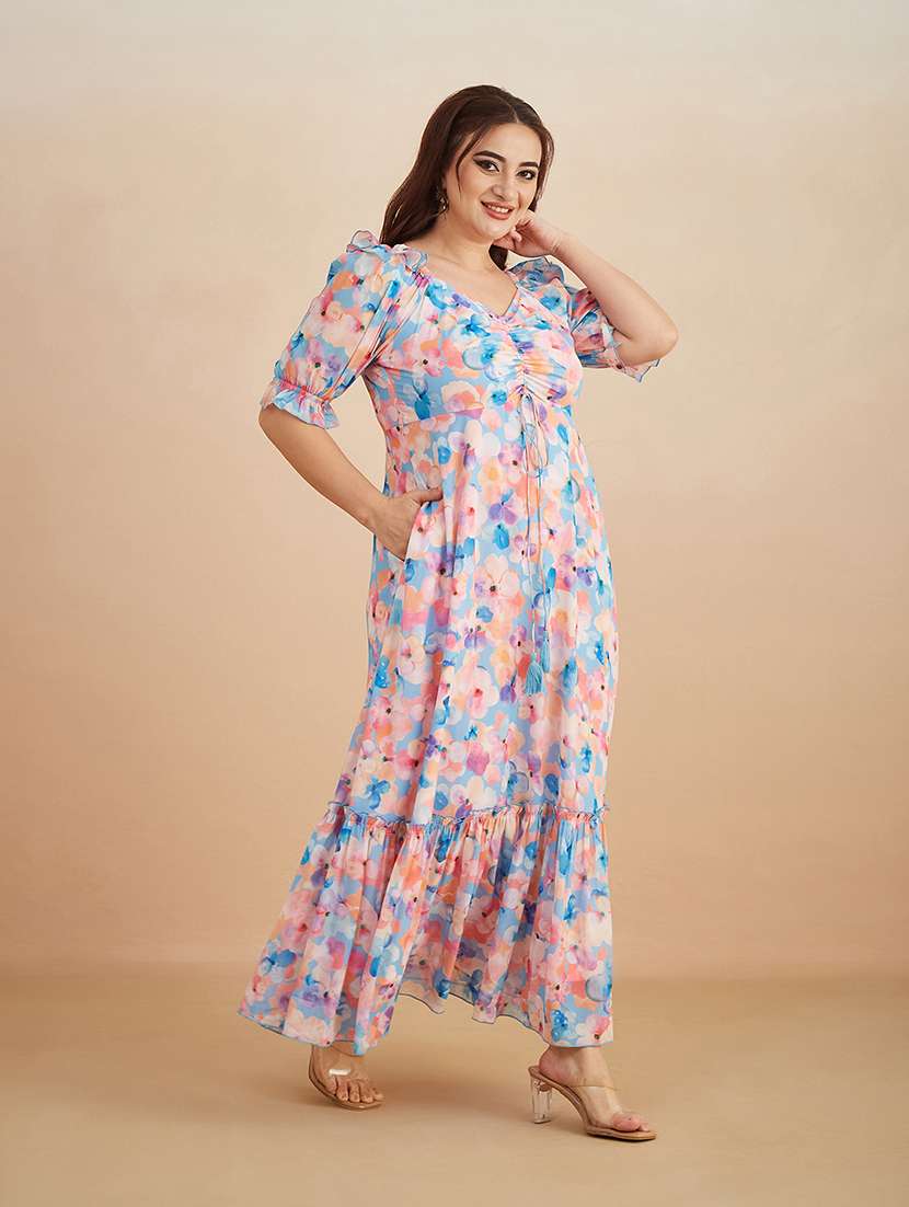 women printed sweetheart neck tiered dress