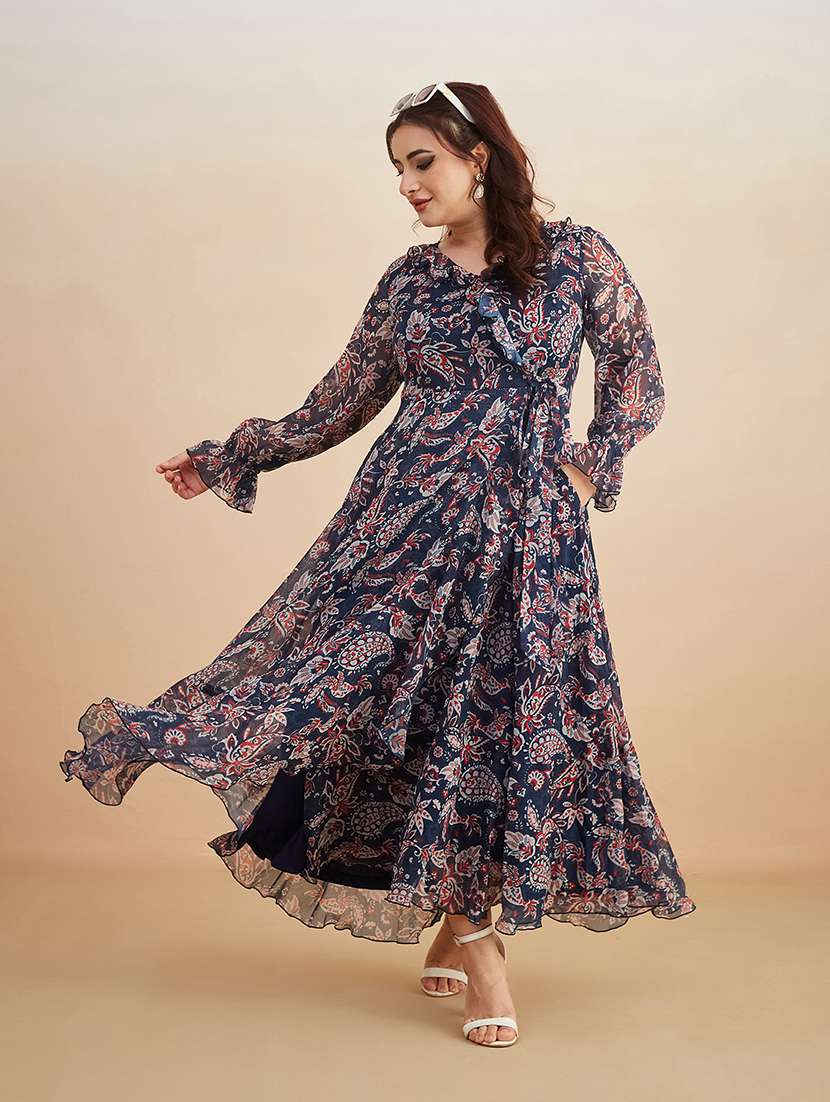 women printed overlap neck wrap dress