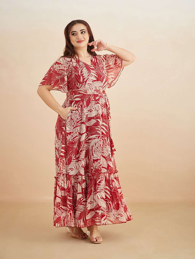 women printed v neck tiered dress