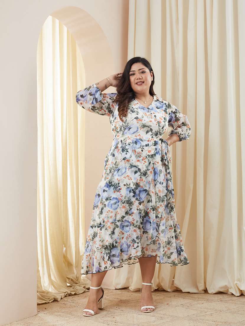 women printed three quarter sleeves wrap midi dress