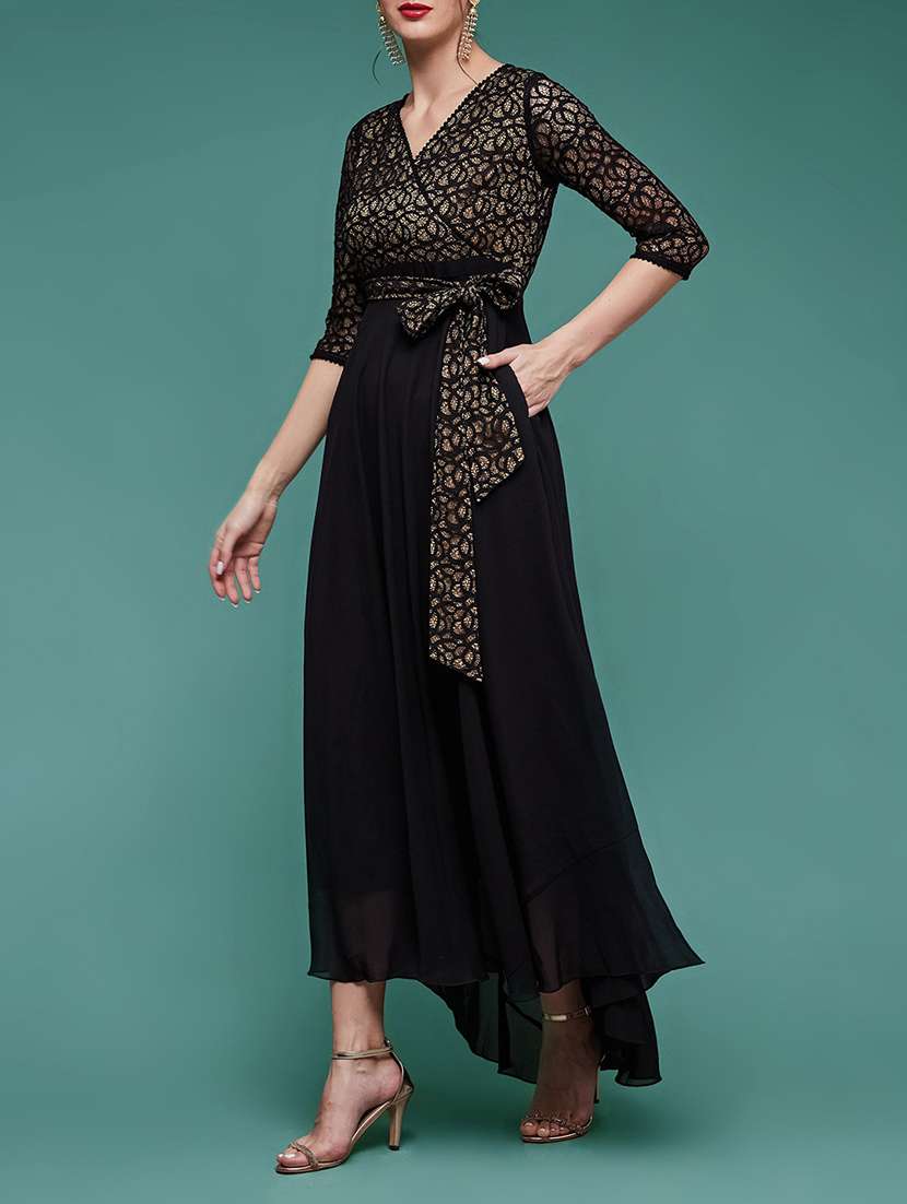 Women Self Design Overlap Neck High Low Dress - 22511551 -  Standard Image - 3