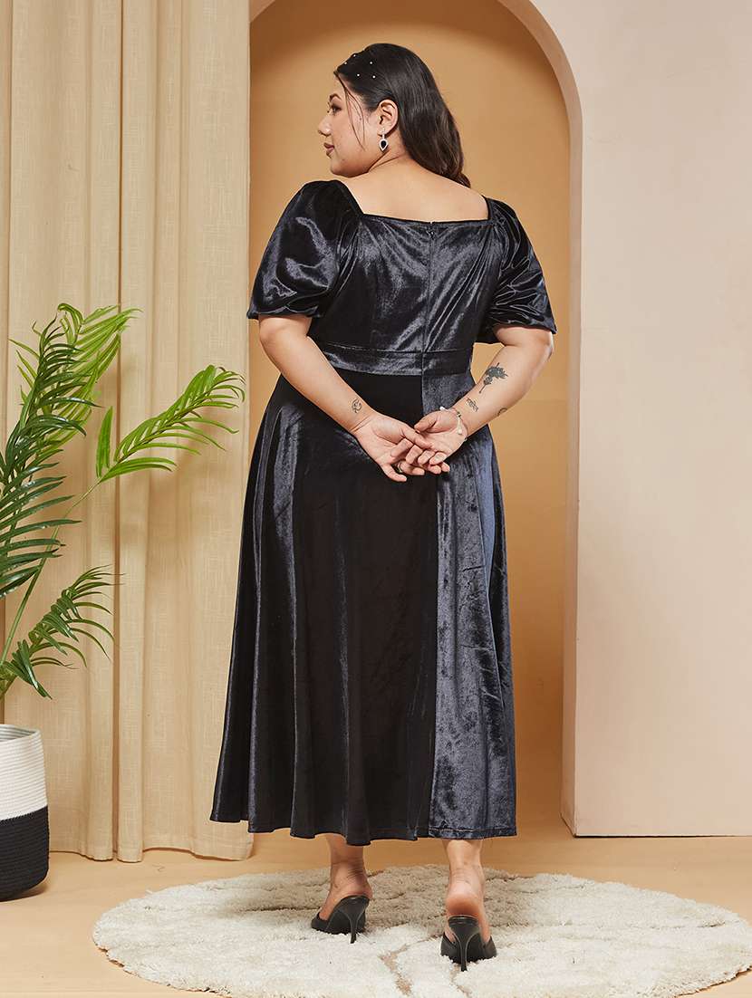 Women Solid Puff Sleeves Fit And Flare Dress - 22511564 -  Standard Image - 3