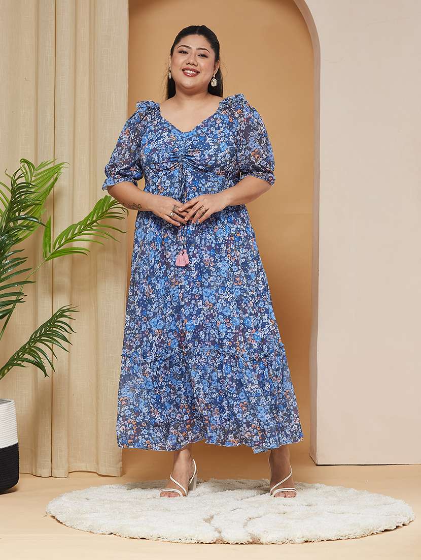 women printed puff sleeves maxi tiered dress