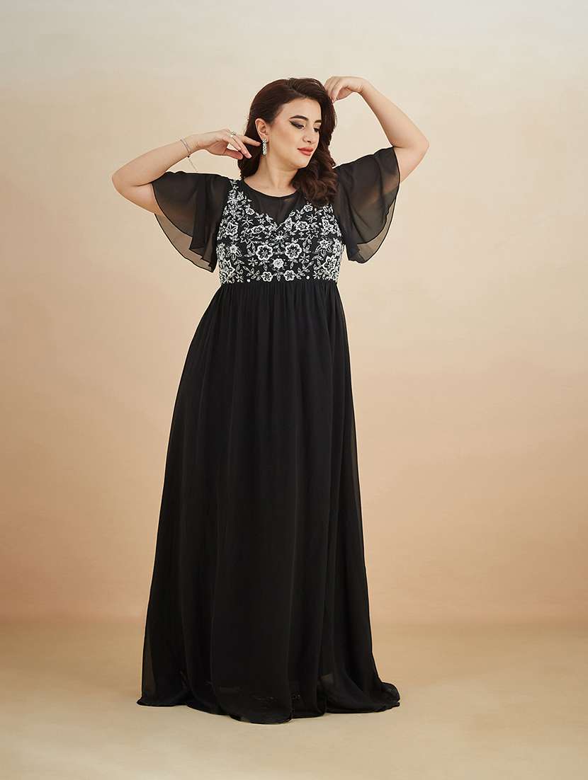 women embroidered round neck fit and flare dress