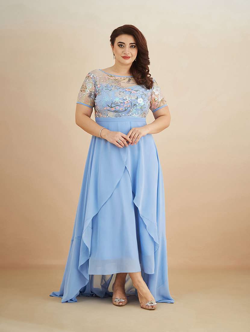 women embroidered round neck layered gown