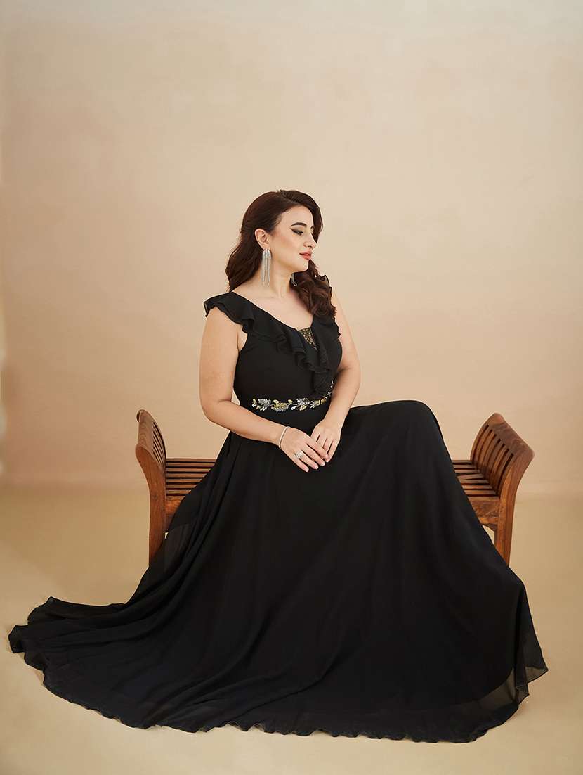 women embroidered sleeveless ruffle detailed gown - 22511589 -  Standard Image - 3