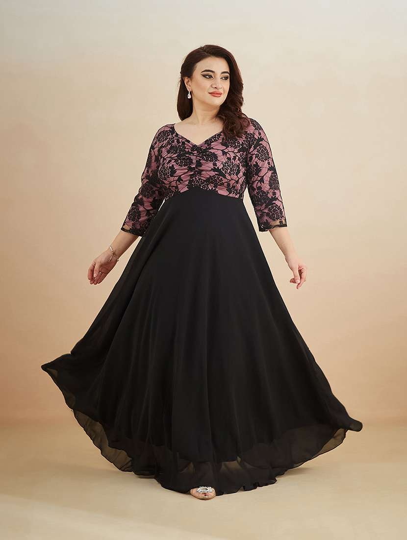 women self design three quarter sleeves gown