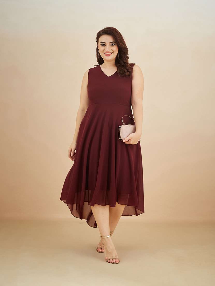 wine red sleeveless v-neck fit and flare midi dress