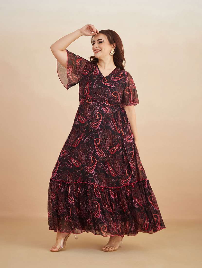 women printed overlap neck tiered dress - 22511617 -  Standard Image - 3