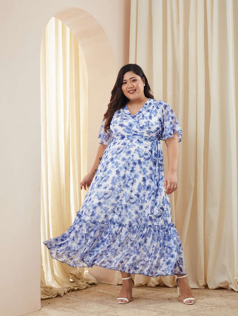 women printed overlap neck tiered dress