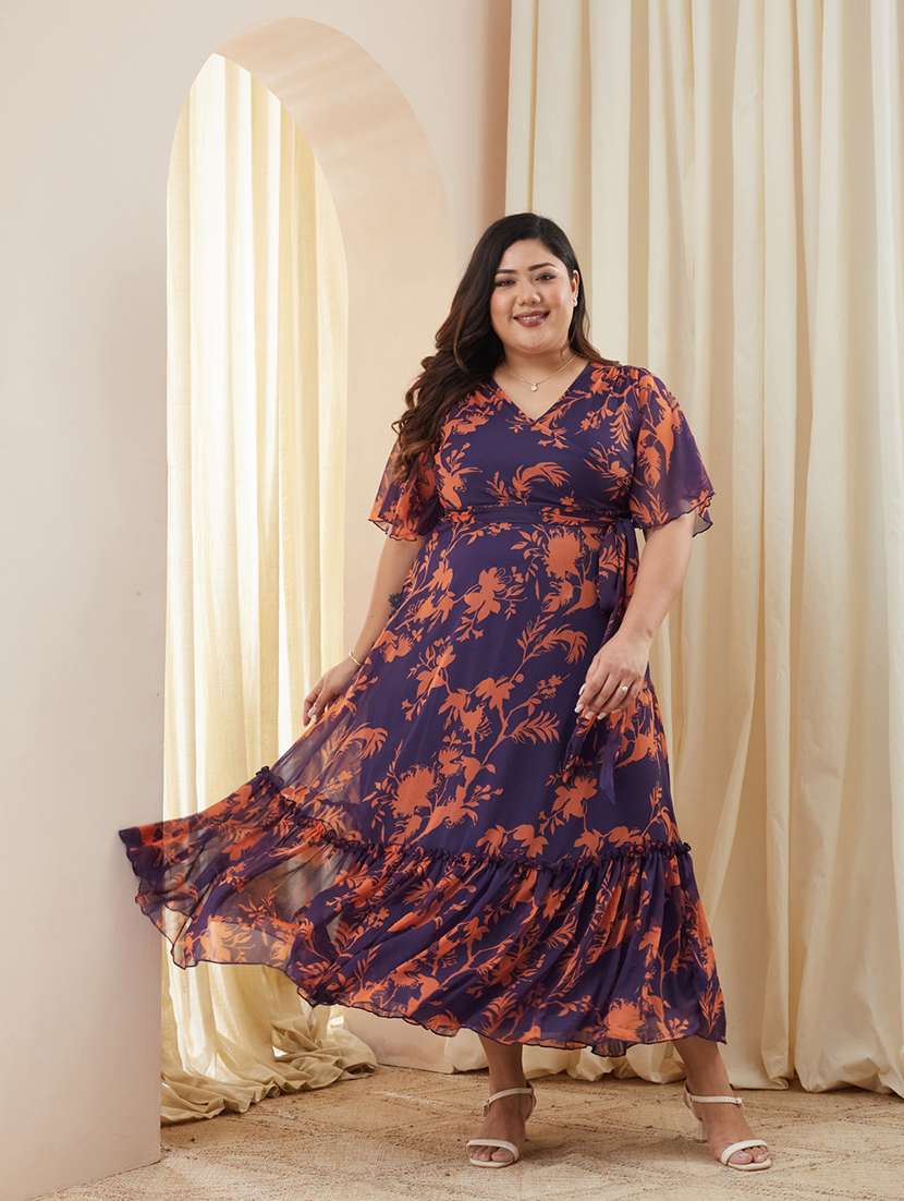 women printed overlap neck tiered dress