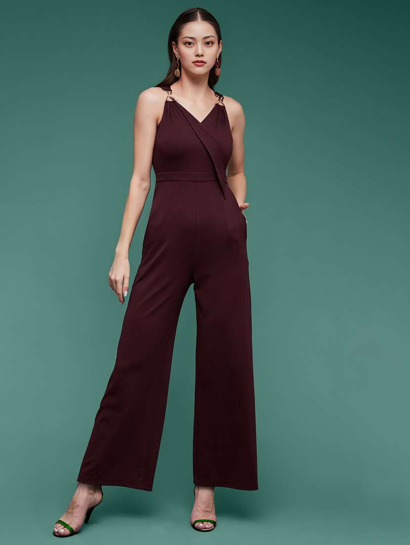 women solid sleeveless full leg jumpsuit