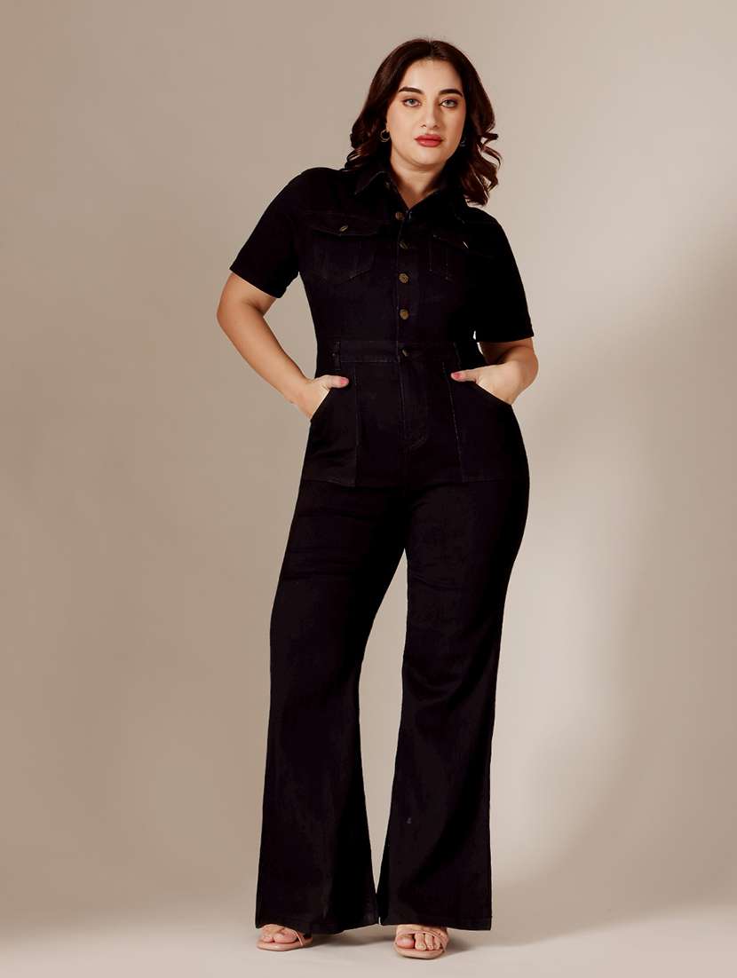 women solid collared full leg jumpsuit