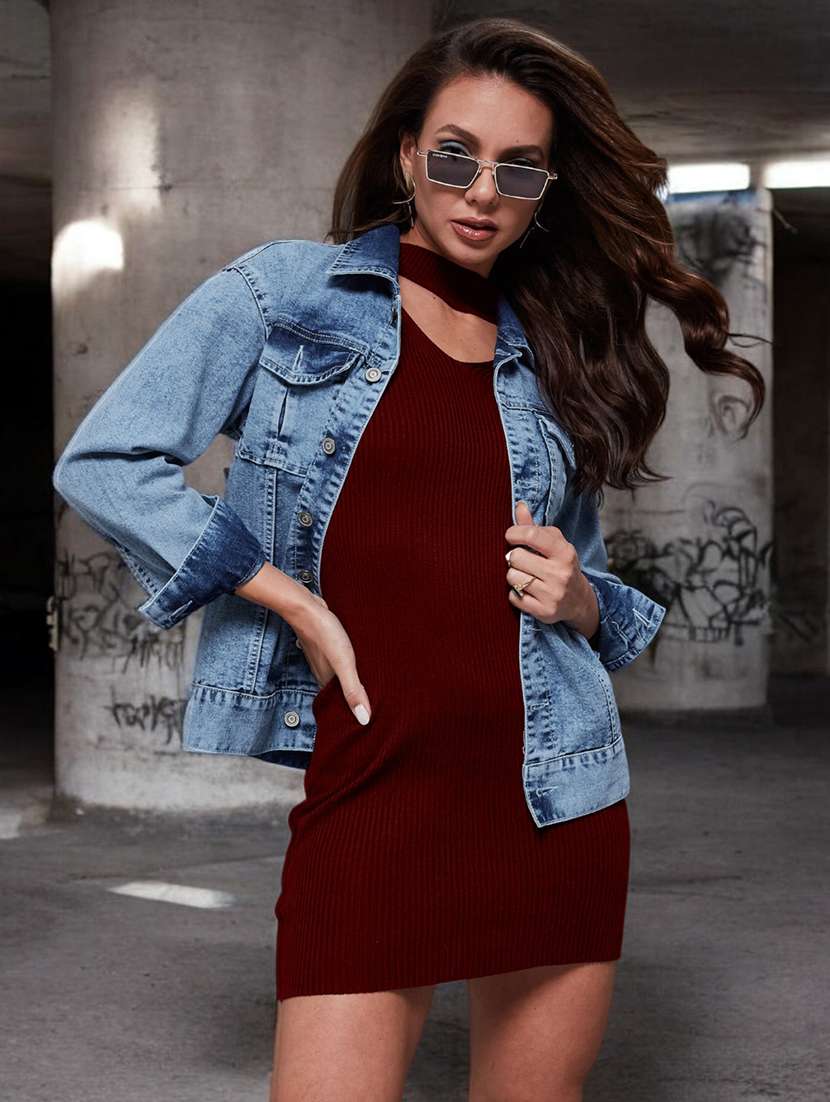 women solid long sleeves denim jacket
