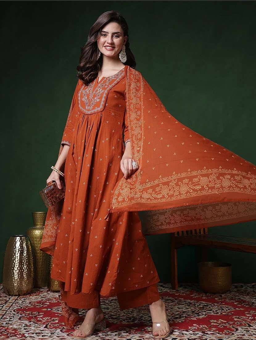 women embroidered three quarter sleeve kurta pant with dupatta set