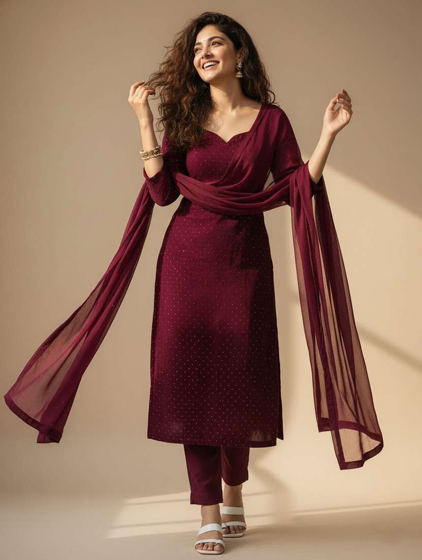hercouture women's wine burberry burberry silk swarowski diamond embellished kurta dupatta set
