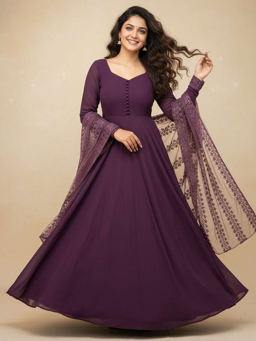 women solid long sleeve kurta dupatta set