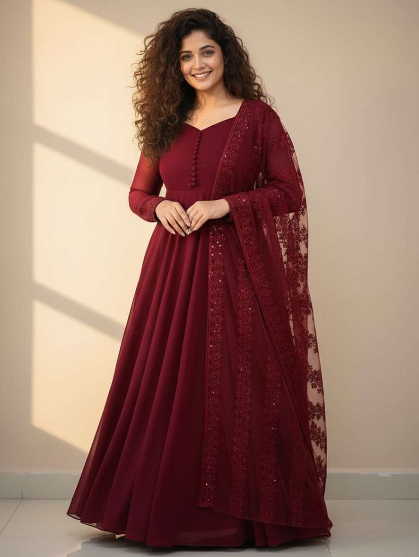 women solid long sleeve kurta dupatta set