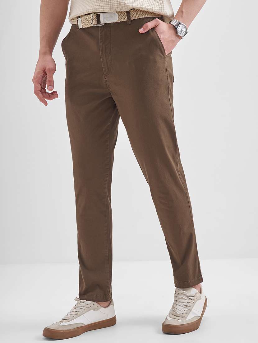 men solid mid rise flat front casual trouser