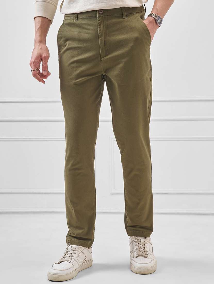 men solid mid rise flat front casual trouser
