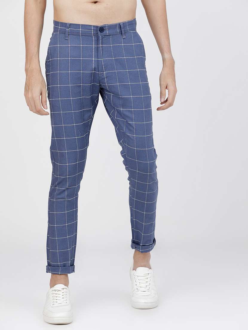 men checkered mid rise flat front casual trouser