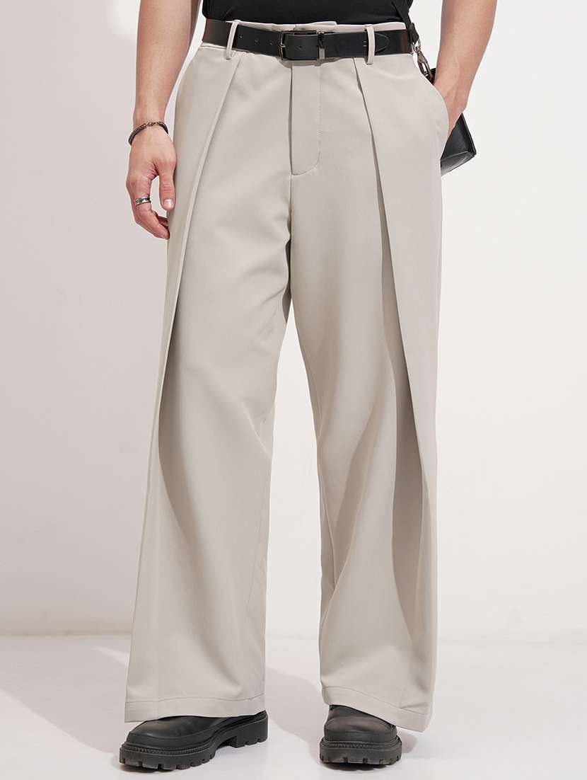 men solid mid rise pleated formal trouser