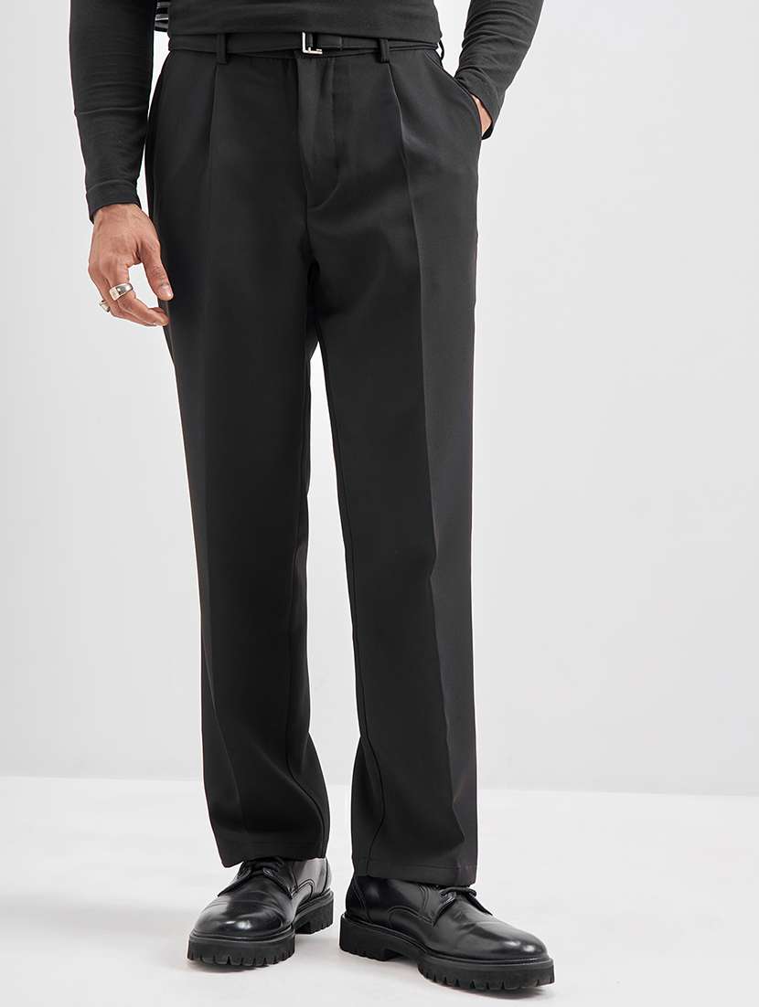 men solid mid rise pleated formal trouser