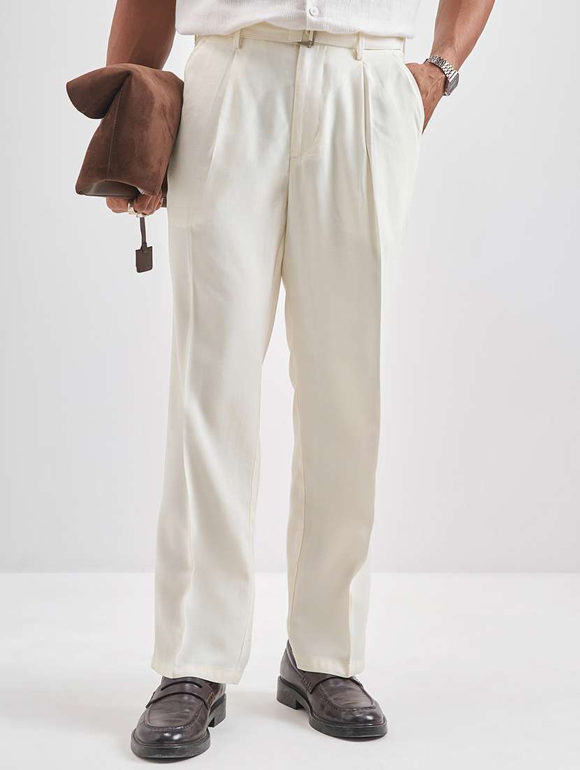men solid mid rise pleated formal trouser