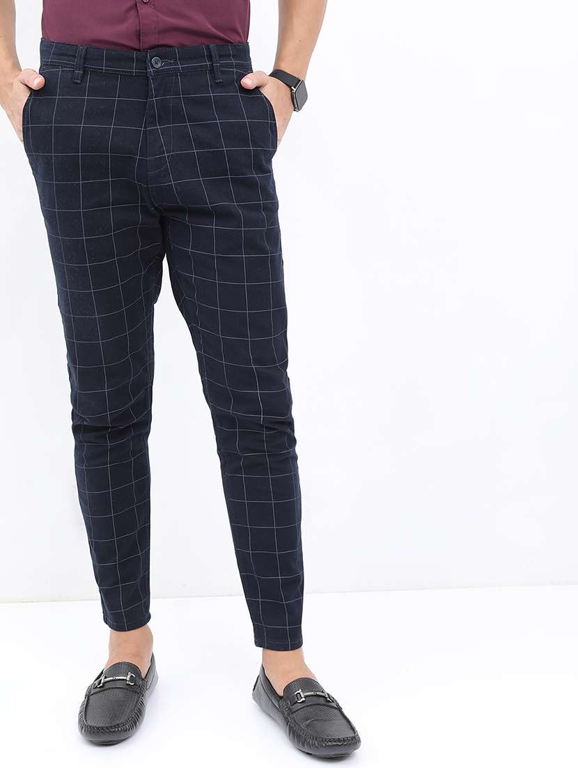 men checkered mid rise chinos casual trouser