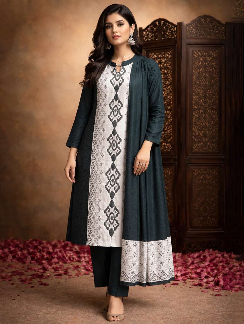 women self design long sleeve kurta pant with dupatta set
