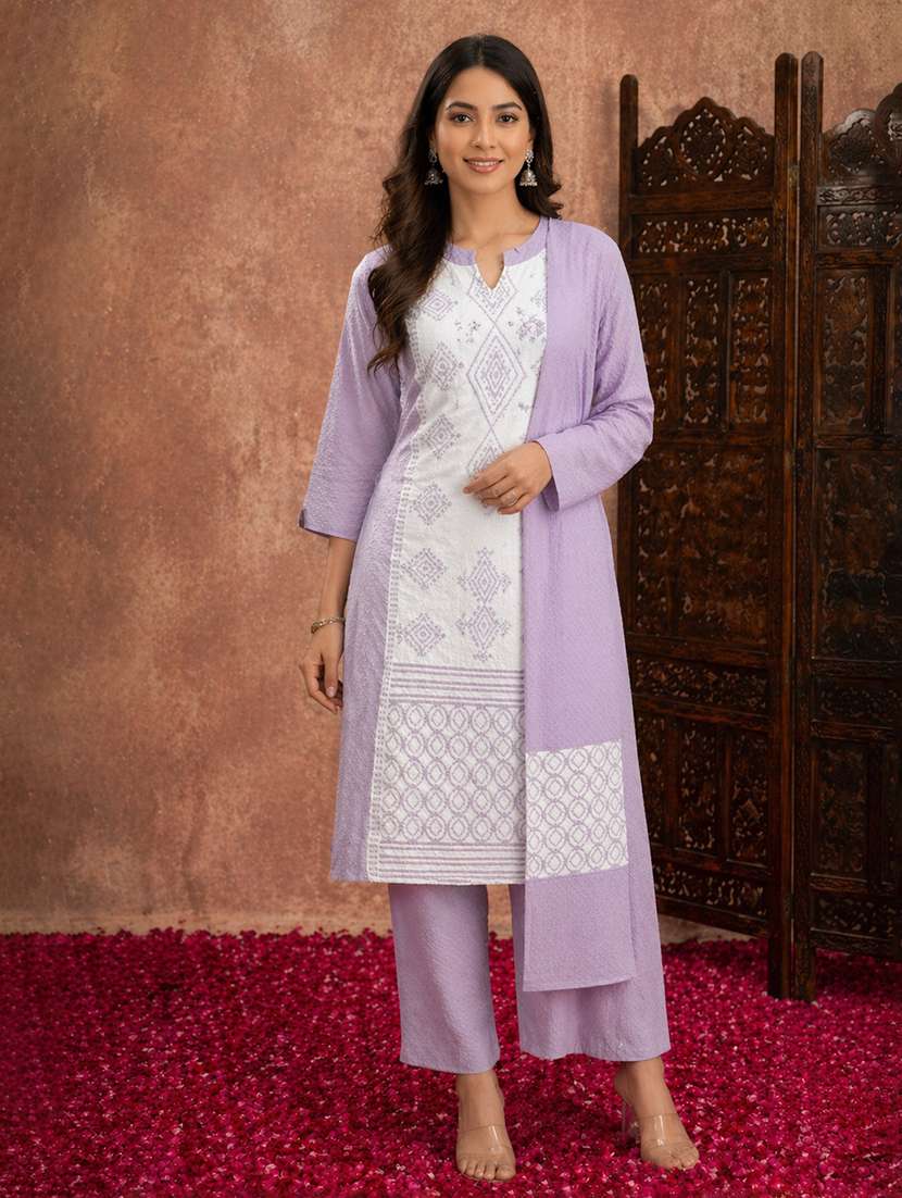 women self design long sleeve kurta pant with dupatta set