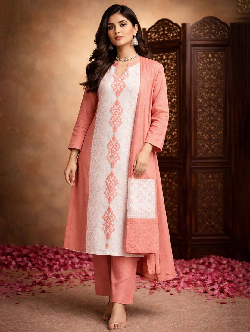 women self design long sleeve kurta pant with dupatta set