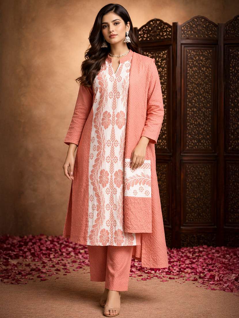 women self design long sleeve kurta pant with dupatta set