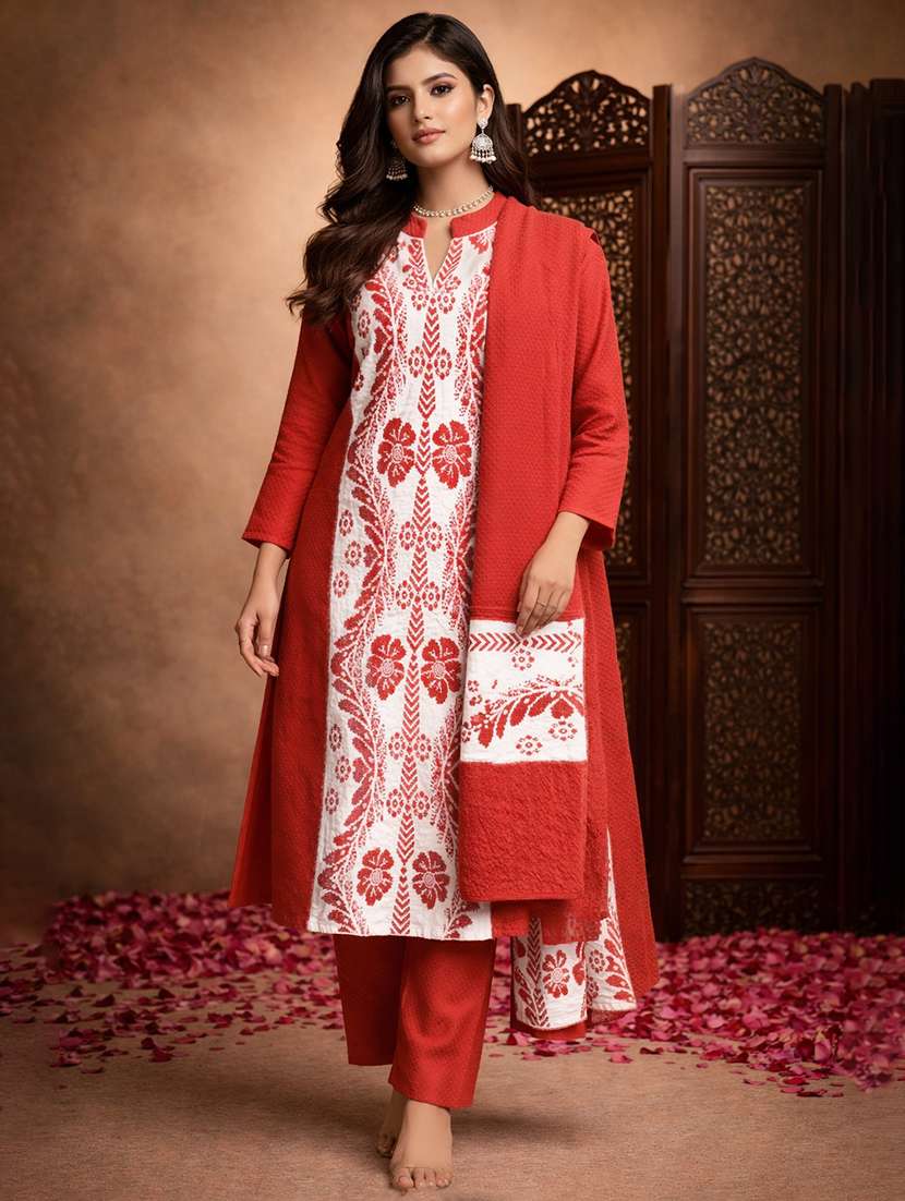 women self design long sleeve kurta pant with dupatta set
