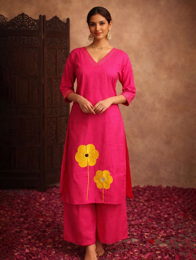 women embroidered three quarter sleeve kurta palazzo set