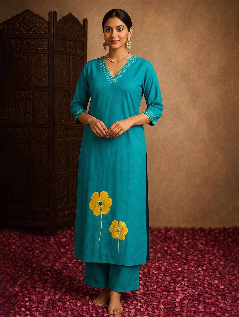 women embroidered three quarter sleeve kurta palazzo set