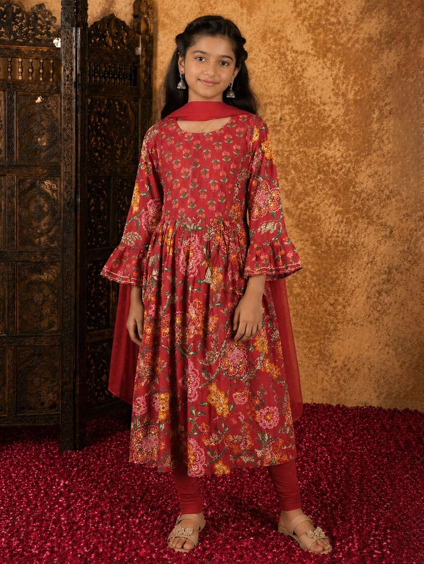 girls printed round neck flared kurta