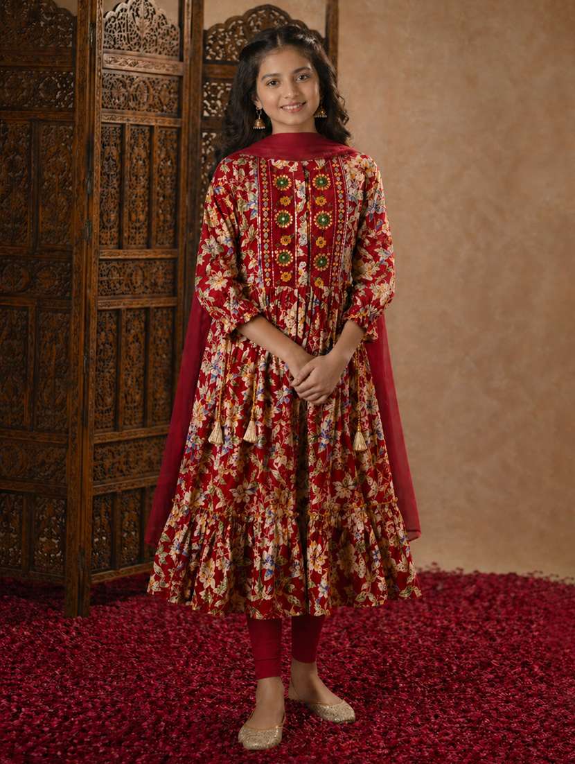 girls printed mandarin collared flared kurta