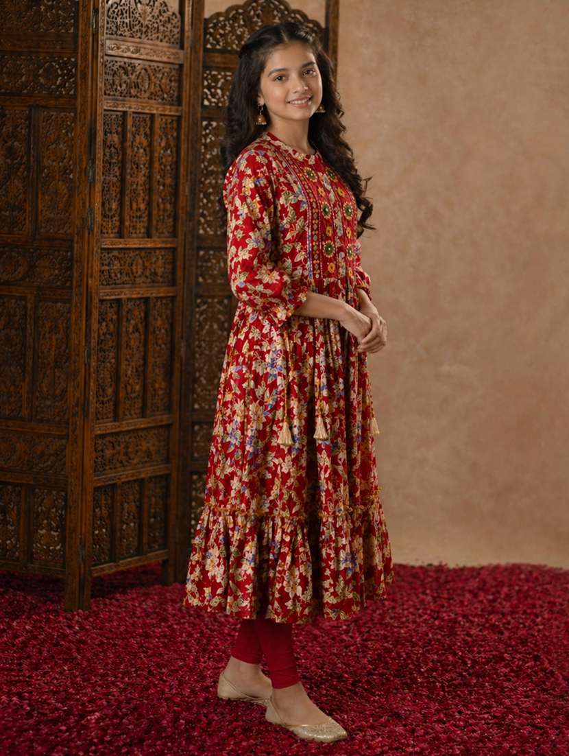 girls printed mandarin collared flared kurta - 22511963 -  Standard Image - 3