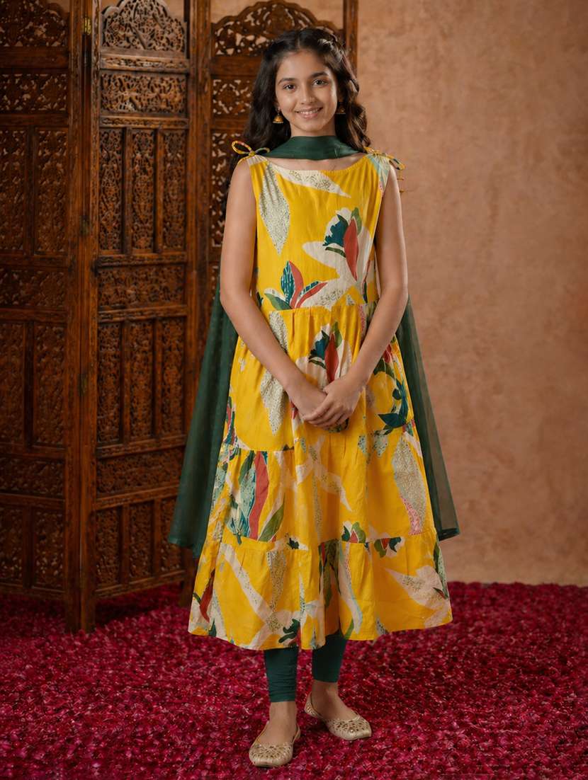girls printed mandarin collared anarkali kurta
