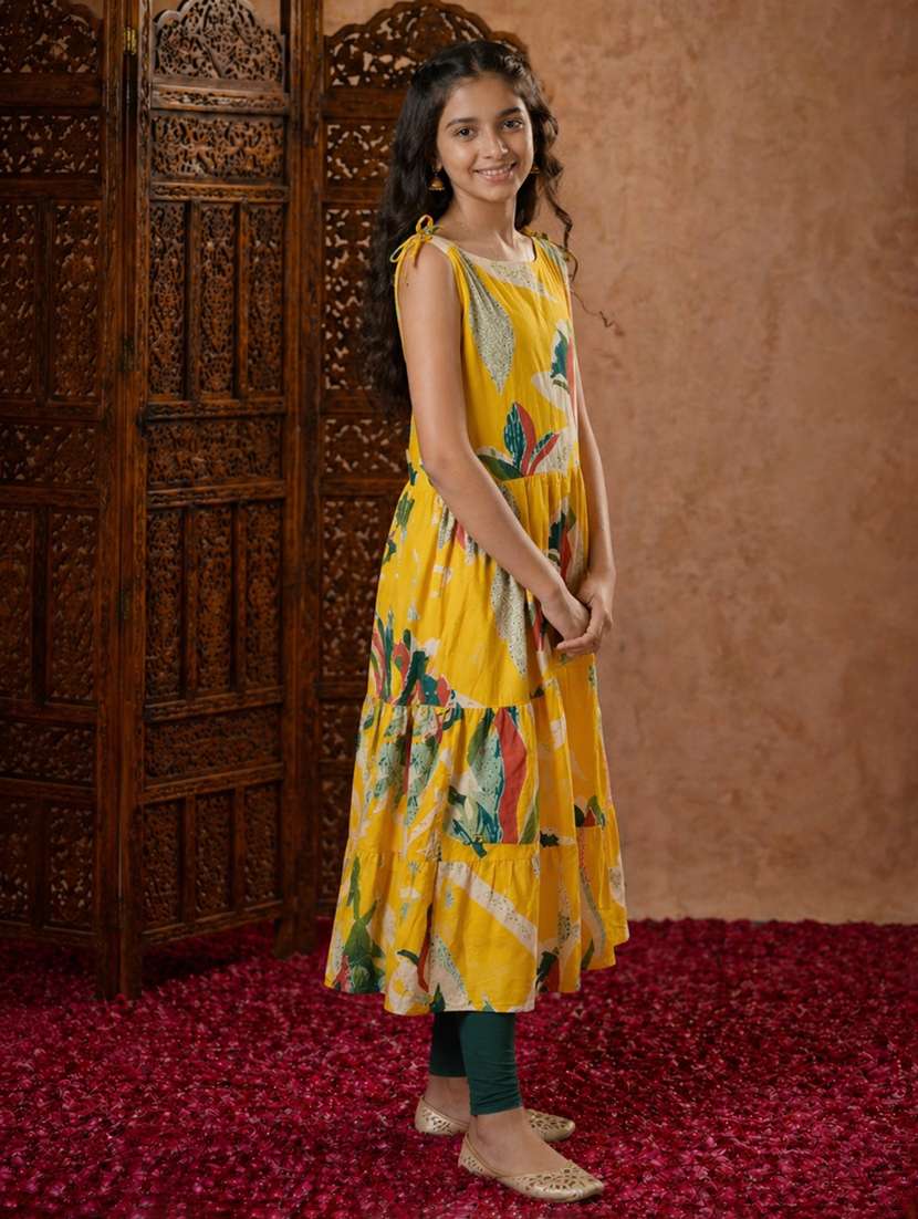 girls printed mandarin collared anarkali kurta - 22511964 -  Standard Image - 3