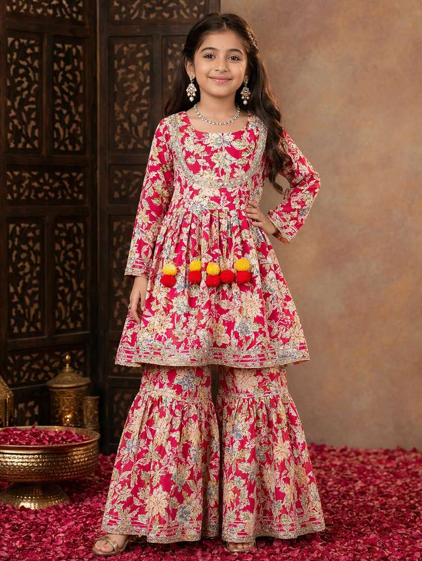 red floral print cotton kurta sharara set festive wear