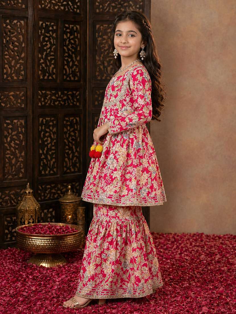 Red Floral Print Cotton Kurta Sharara Set Festive Wear - 22511986 -  Standard Image - 3