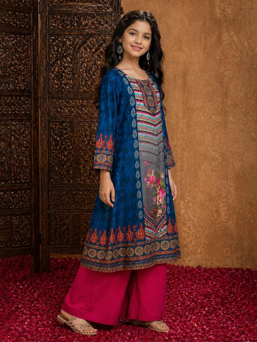 girls printed round neck kurta and palazzo set - 22511991 -  Standard Image - 3