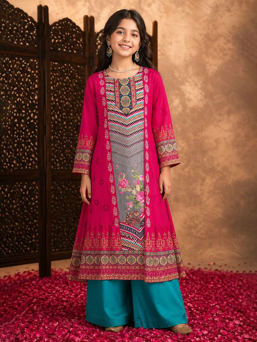 girls printed round neck kurta and palazzo suit set