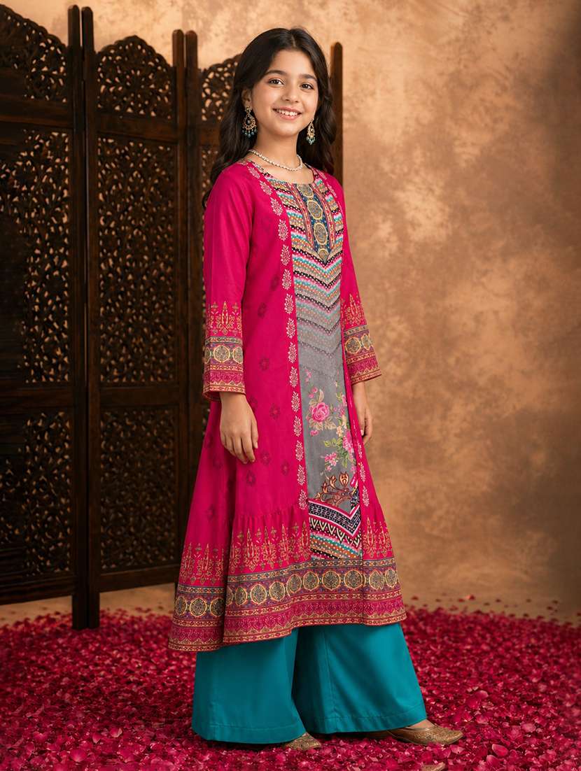 girls printed round neck kurta and palazzo suit set - 22511992 -  Standard Image - 3