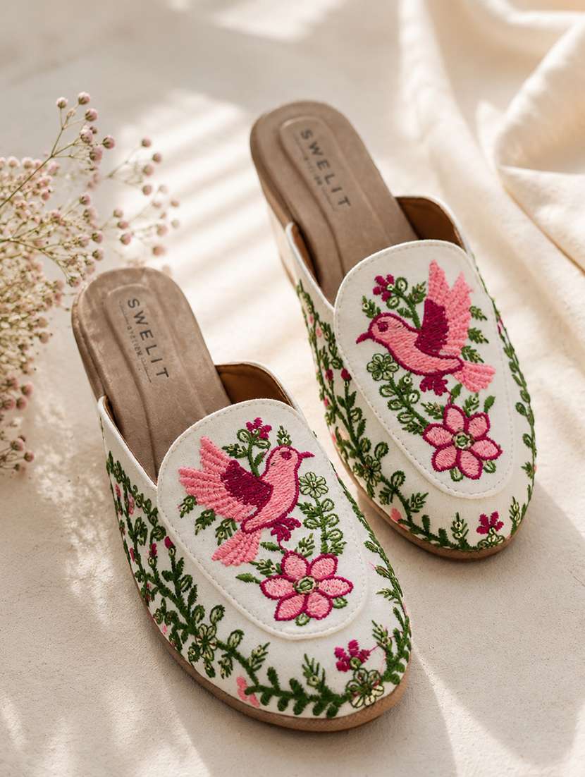 women embroidered slip on mules