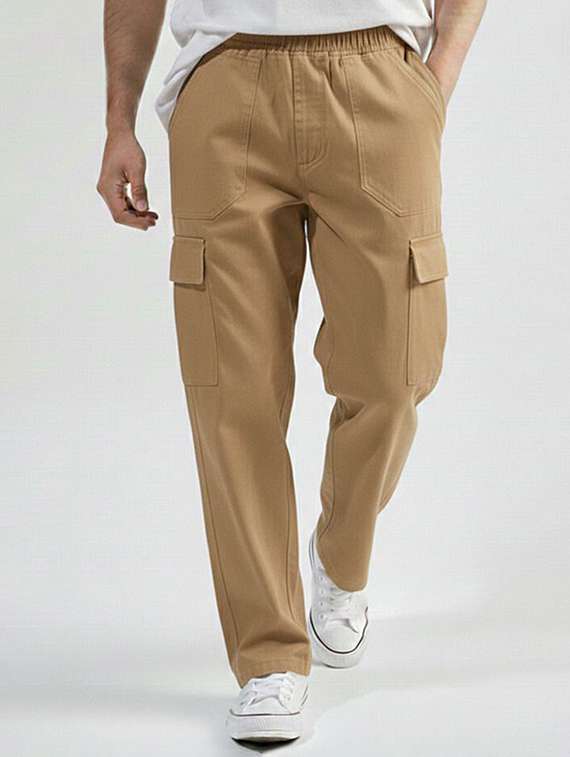 men solid mid rise loose fit cargo 